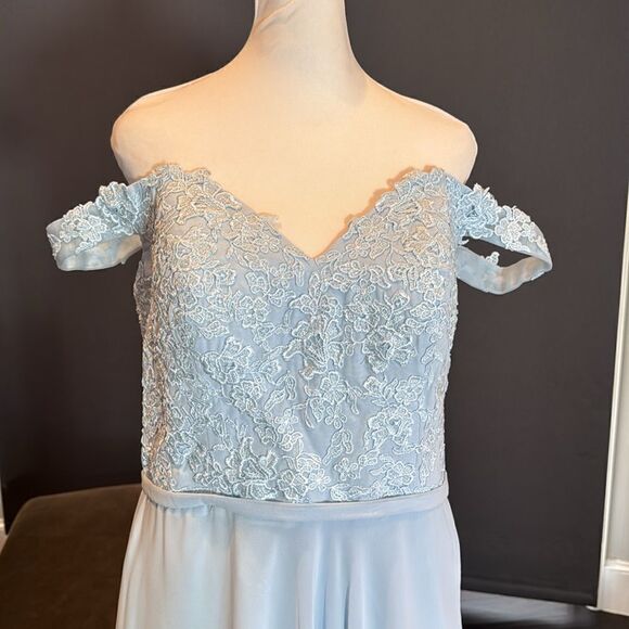 Women’s Pale Blue Off the Shoulder Chiffon Bridesmaid Dress Corset Size 16 NWOT - Picture 3 of 13